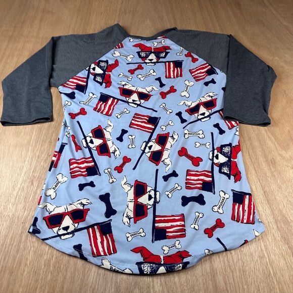 LuLaRoe Women’s Randy L Patriotic Dog Sunglasses Flag Raglan Tee Blue 3/4 Sleeve - Picture 2 of 5